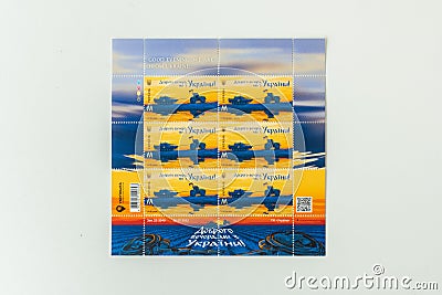 KYIV, UKRAINE - November 03: Limited edition of new Ukrainian stamp â€œGood evening, we are from Ukraine!â€. New postage stamp by Editorial Stock Photo